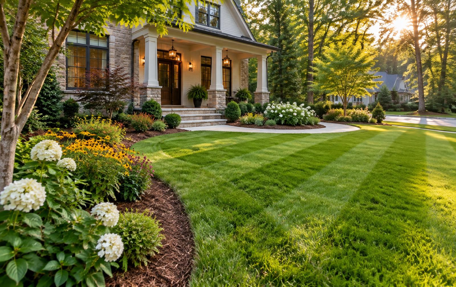 Freshly cut and edged lawn with mulched flower beds at an Atlanta home